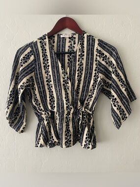 Blush & Day Striped Floral Wrap Blouse in Cream & Black Size S